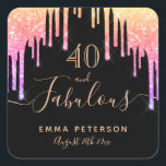 40 fabulous birthday black rainbow glitter sparkle square sticker<br><div class="desc">A trendy and glamourous 40th birthday sticker. A classic black background decorated with rainbow coloured faux glitter drips, paint dripping look in purple, pink and rose gold. With the text: 40 and fabulous. Personalize and add a name and a date. Date of birth or the date of the party. Golden...</div>