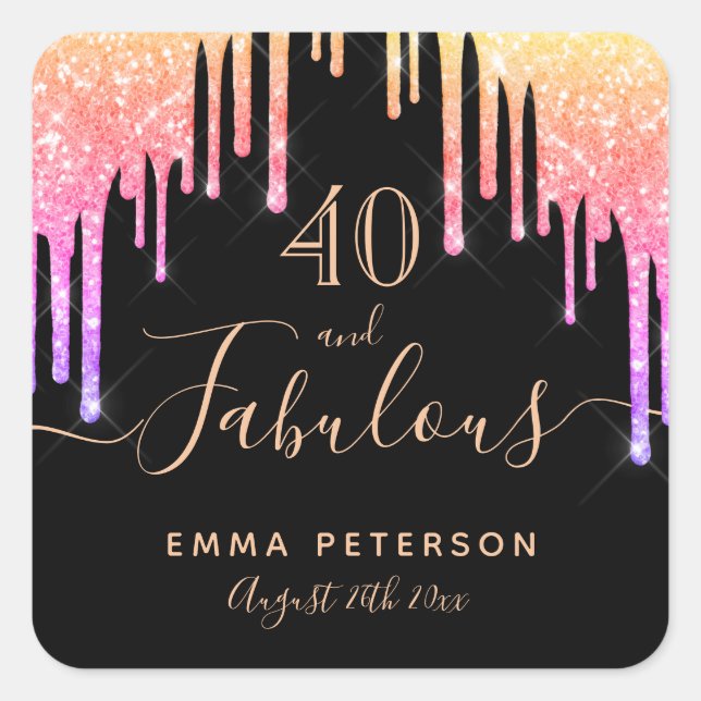 40 fabulous birthday black rainbow glitter sparkle square sticker (Front)