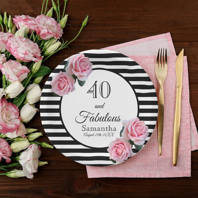 40 fabulous birthday black stripes pink florals paper plate (Creator Uploaded)