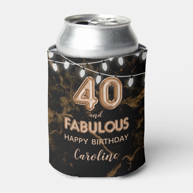 40 & Fabulous Birthday Gold Black Balloon Lights Can Cooler (Can Front)