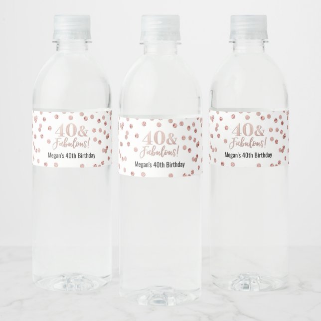40 & Fabulous Birthday Rose Gold Confetti Water Bottle Label (Bottles)