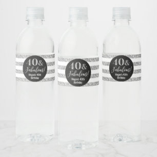 40 & Fabulous Birthday Silver Glitter Stripes Water Bottle Label