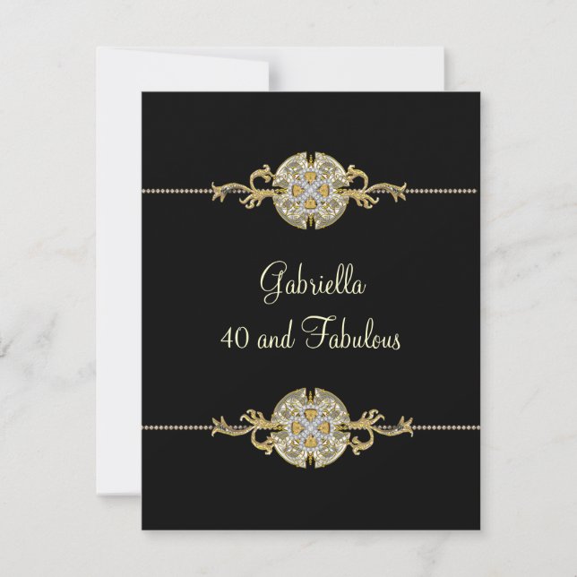 40 & Fabulous Black Gold Jewel Trim Birthday Invitation (Front)