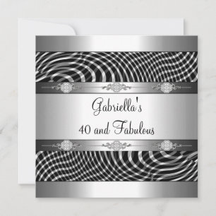 40 & Fabulous Black White Check Silver Birthday Invitation