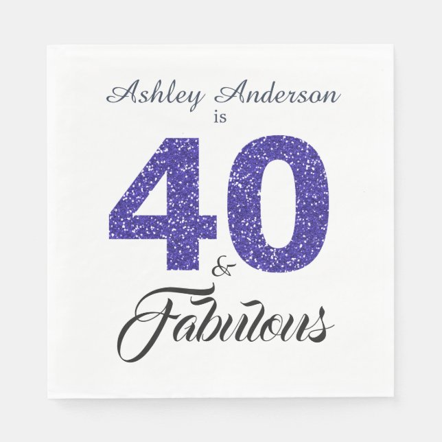 40 Fabulous Dark Blue Glitter 40th Birthday Party Napkin (Front)