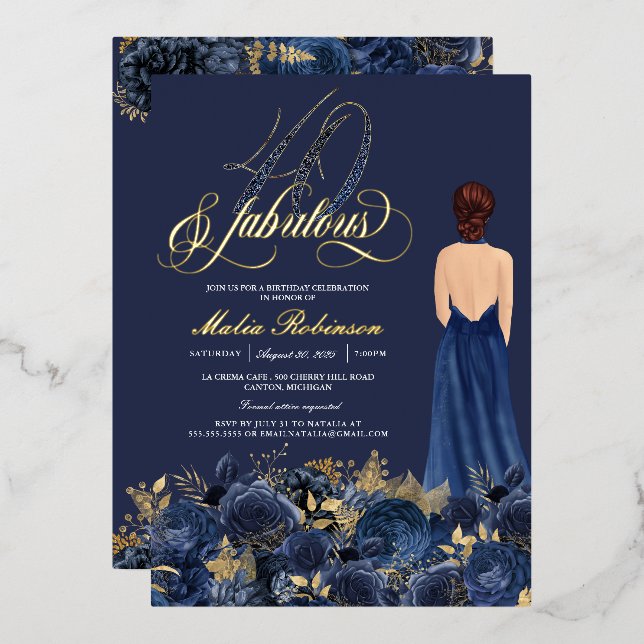 40 & Fabulous Elegant Blue & Gold Birthday Real (Front/Back)