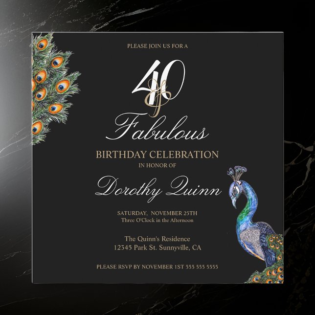 40 & Fabulous Elegant Watercolor Peacock Birthday Invitation (Creator Uploaded)