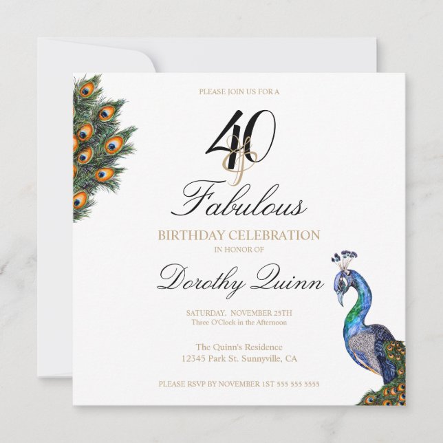 40 & Fabulous Elegant Watercolor Peacock Birthday Invitation (Front)