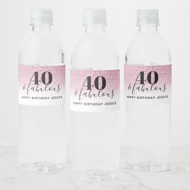 40 & Fabulous Faux Hot Pink Glitter Birthday Party Water Bottle Label (Bottles)