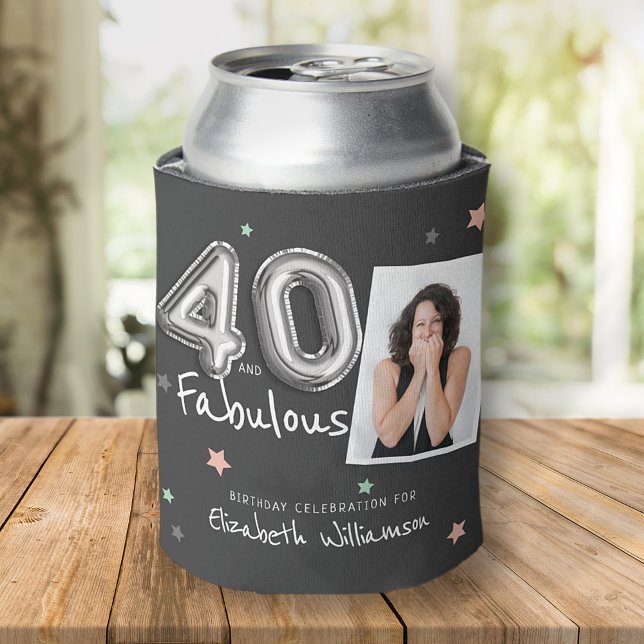 40 & Fabulous Foil Balloon Stars Photo Birthday Can Cooler (Creator Uploaded)