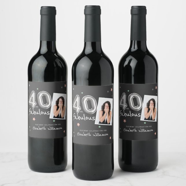 40 & Fabulous Foil Balloon Stars Photo Birthday Wine Label (Bottles)