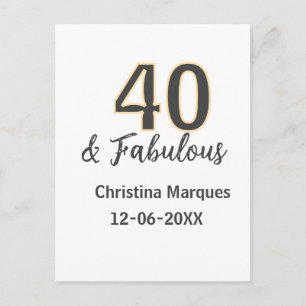 40 & fabulous gray yellow birthday calligraphy  postcard