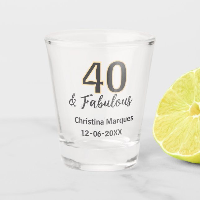 40 & fabulous gray yellow birthday calligraphy  shot glass (Front)