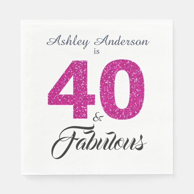 40 Fabulous Hot Pink Glitter 40th Birthday Party Napkin (Front)