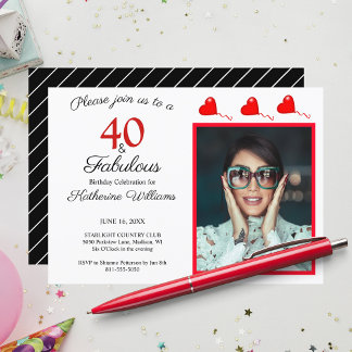 40 & Fabulous Photo Red 40th Birthday Black White Invitation