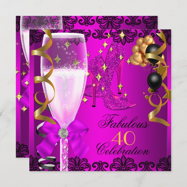 40 Fabulous Pink Black Gold 40th Champagne Party Invitation (Front/Back)