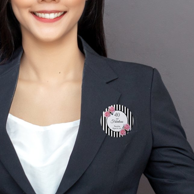 40 fabulous pink roses black white stripes 2 inch round button (Creator Uploaded)