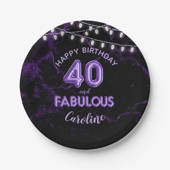 40 & Fabulous Purple Foil Balloons & String Lights Paper Plate (Front)