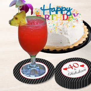 40 & Fabulous Red 40th Birthday Black White Stripe Round Paper Coaster