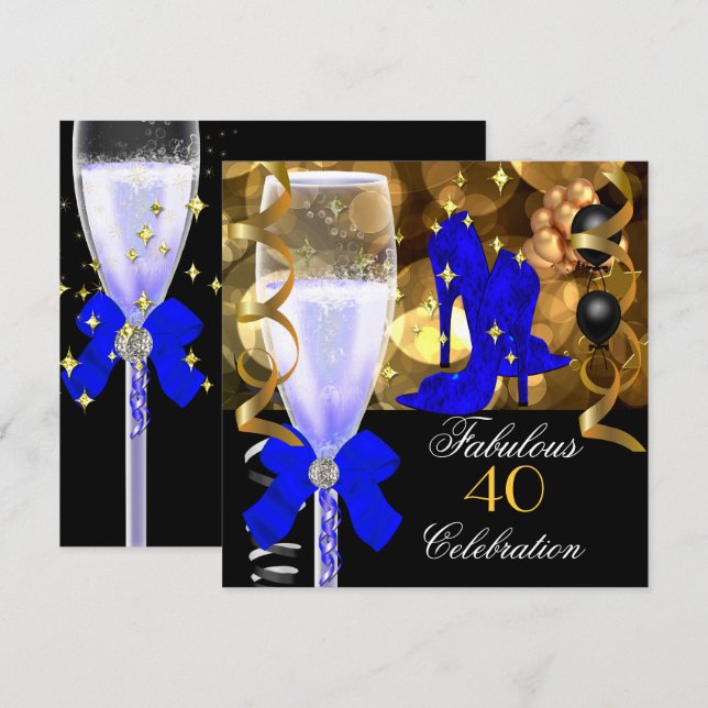40 & Fabulous Royal Blue Black Gold Birthday Party Invitation (Front/Back)