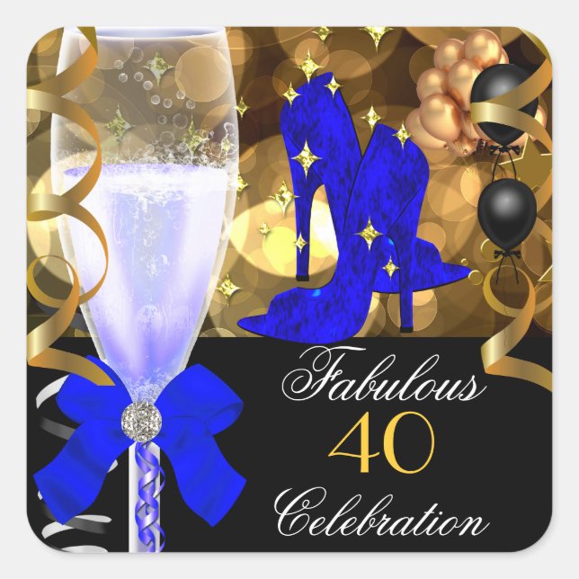 40 & Fabulous Royal Blue Black Gold Birthday Party Square Sticker (Front)