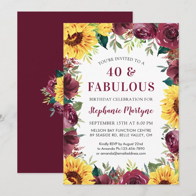 40 & Fabulous Sunflower Burgundy Rose Birthday Invitation (Front/Back)