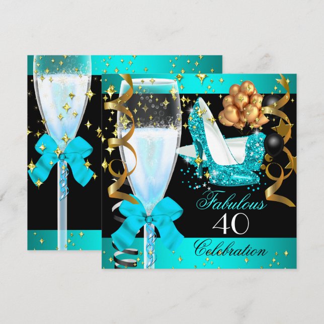 40 Fabulous Teal Blue Gold 40th Birthday Party 2 Invitation (Front/Back)