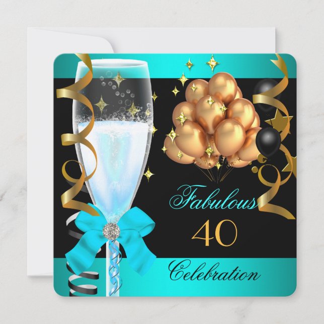 40 Fabulous Teal Blue Gold 40th Birthday Party Invitation (Front)