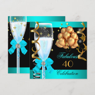 40 Fabulous Teal Blue Gold 40th Birthday Party Invitation