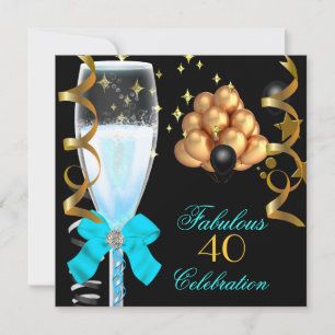 40 & Fabulous Teal Blue Gold Birthday Champagne Invitation