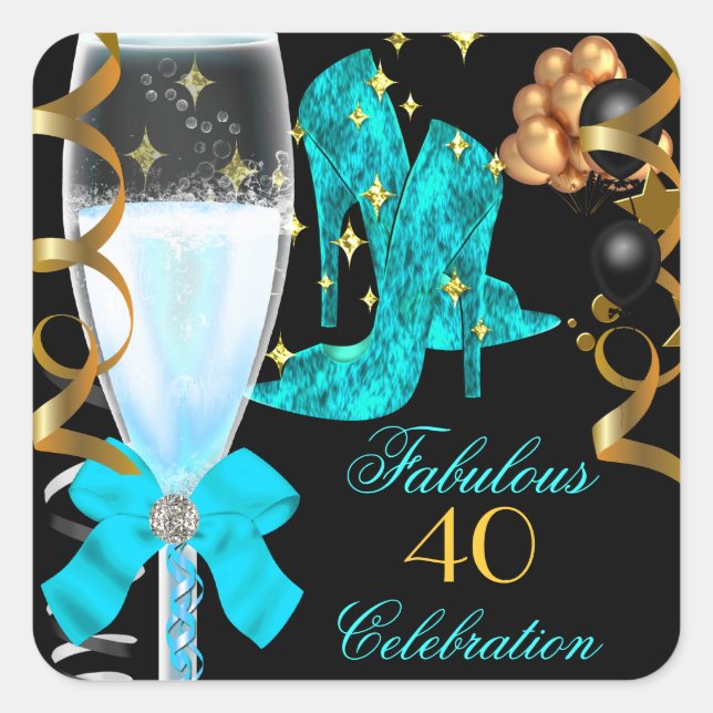 40 & Fabulous Teal Blue Gold Birthday Shoes Square Sticker (Front)