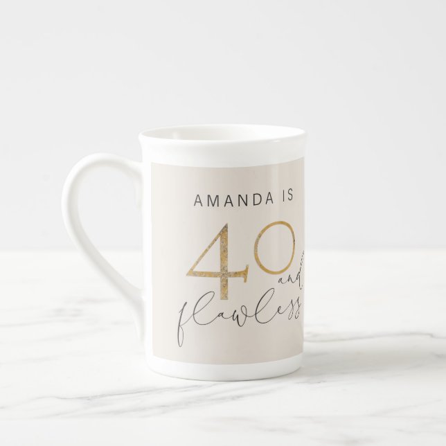 40 & Flawless Pink & Gold Name 40th Birthday Bone China Mug (Left)