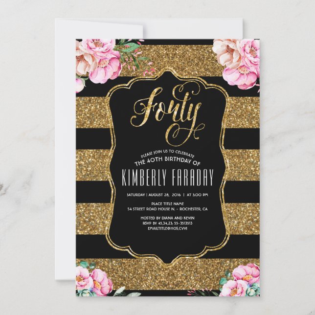 40 Invitations de fête d'anniversaire - Floral Gol (Devant)