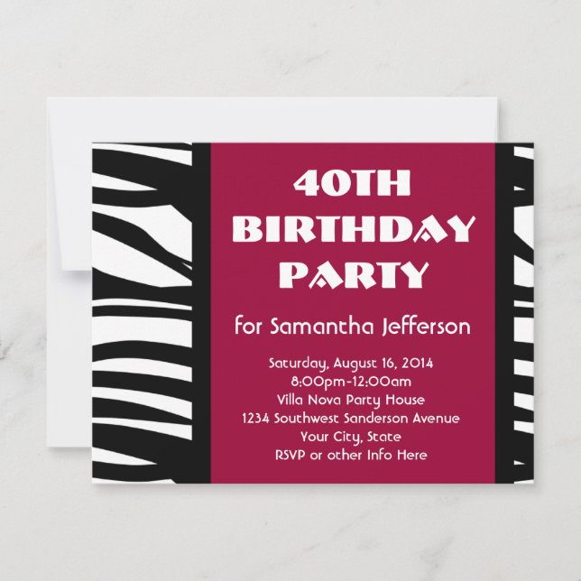 40 Invitations Zèbre Rose+Noir (Devant)