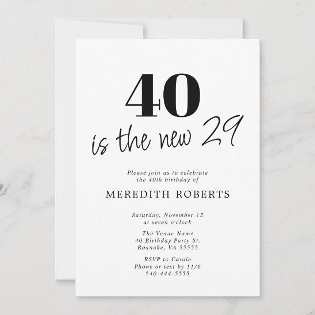 40 is the New 29 Black on White 40th Birthday Invitation (Front)