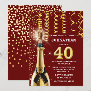 40 milestone sparkling wine burgundy gold glitter invitation