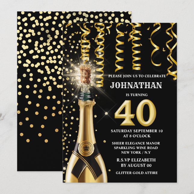 40 milestone sparkling wine gold black glitter  invitation (Front/Back)