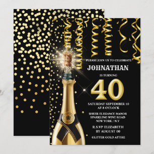 40 milestone sparkling wine gold black glitter invitation