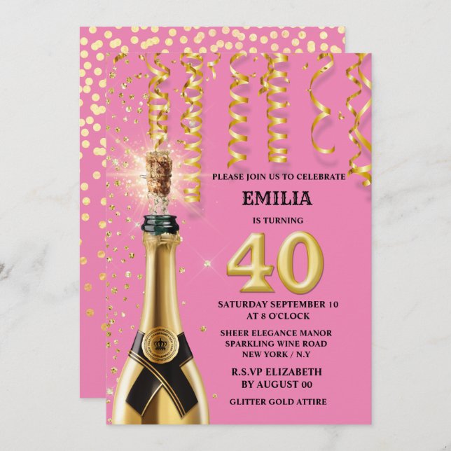 40 milestone sparkling wine pink black glitter invitation (Front/Back)