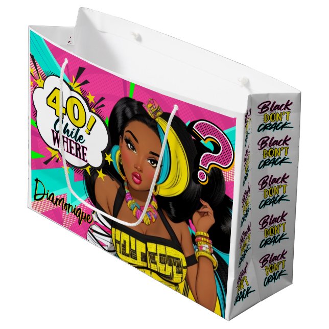 40 Where? Funny Black Girl Pop Art Birthday Large Gift Bag (Front Angled)