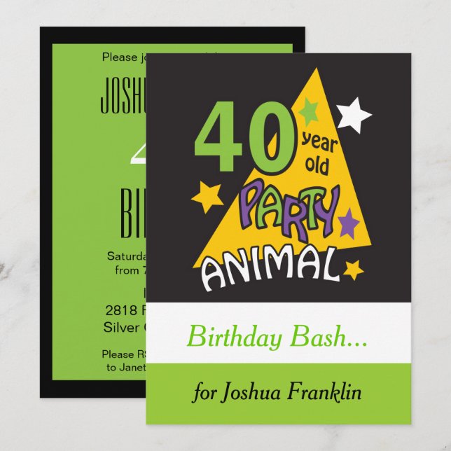 40 Year Old Party Animal - 40th Birthday Invitation (Front/Back)