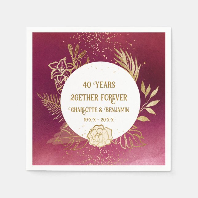  40 years Anniversary Gold Floral Ruby Wedding  Napkin (Front)