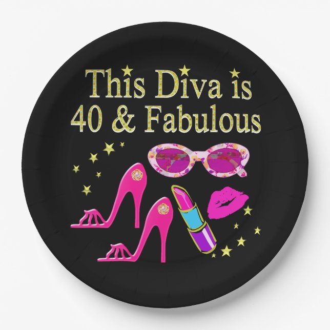 40 YEARS OLD AND A FABULOUS DIVA PAPER PLATE (Front)