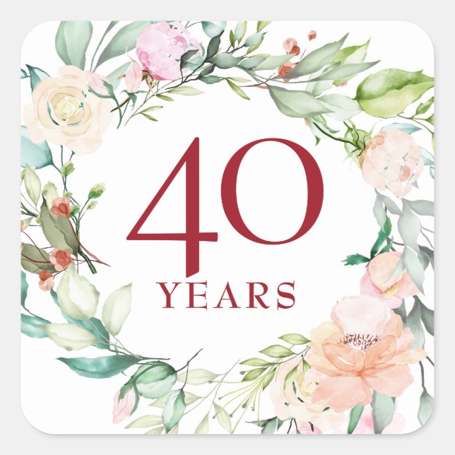 40 Years Roses Garland Ruby Wedding Anniversary Square Sticker (Front)