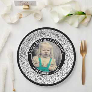 40 Your Photo Random Number Pattern Black/White Paper Plate