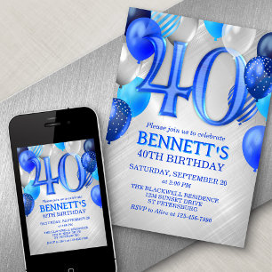 40e anniversaire Ballons Bleus Invitation