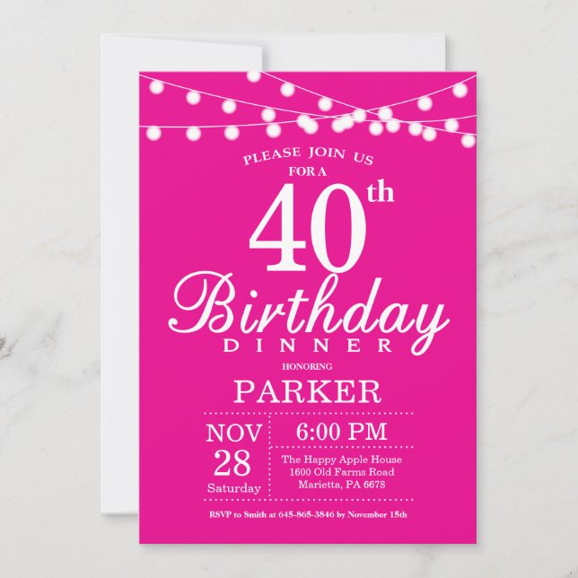 40e anniversaire Dîner Invitation Hot Pink (Devant)