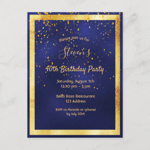 40e anniversaire fête bleu or confetti invitation