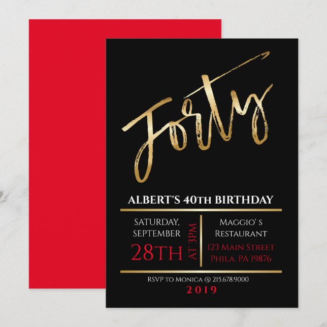 40e anniversaire Gold Black Party Invitation (Devant / Derrière)