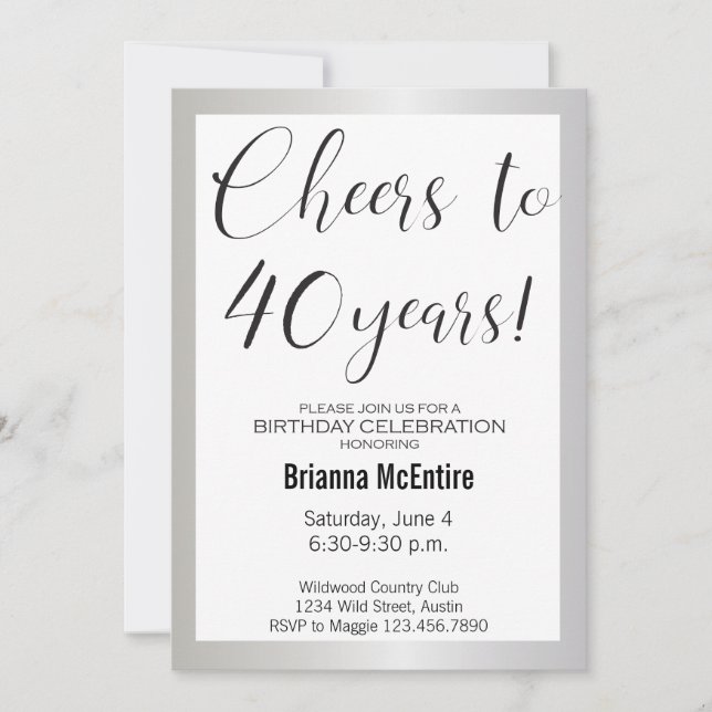 40e anniversaire Invitation Argent Noir moderne (Devant)